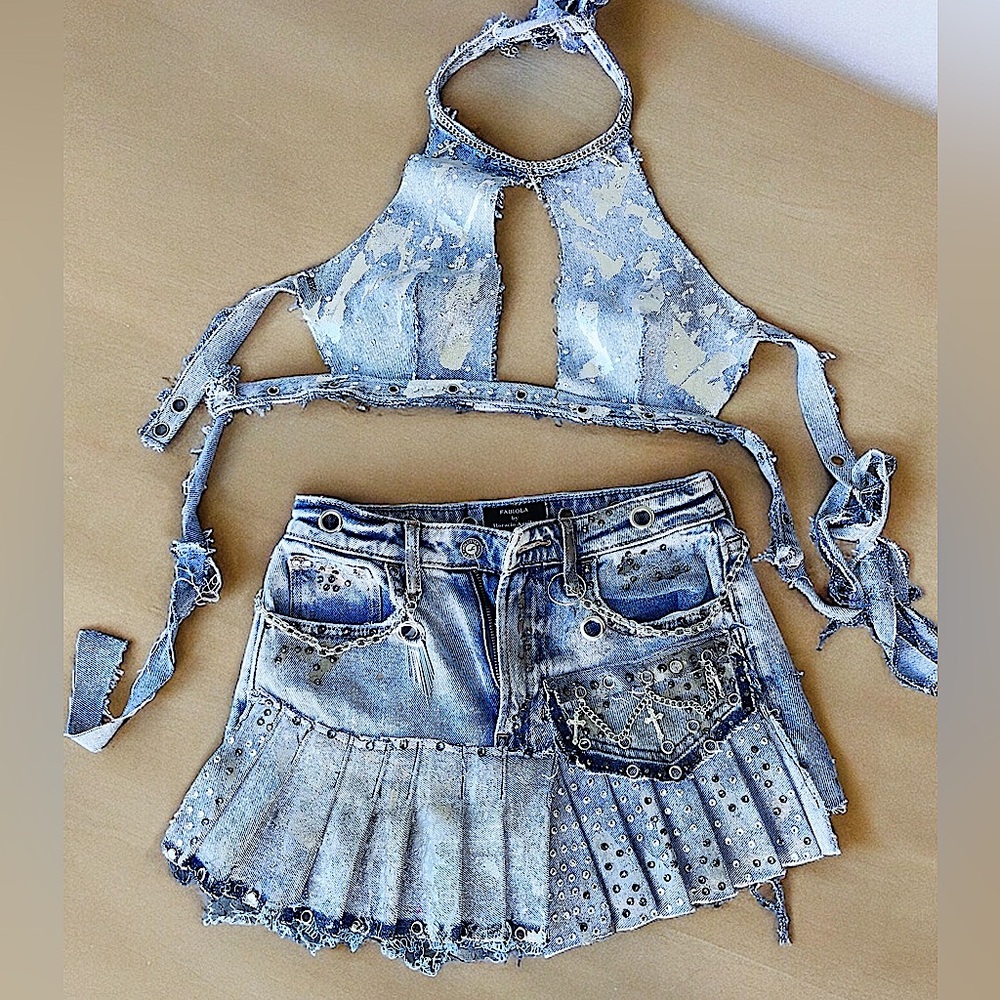 Space Upcycled Handmade Denim Set XS/S skirt - XS - M (-adjustable top cup B).